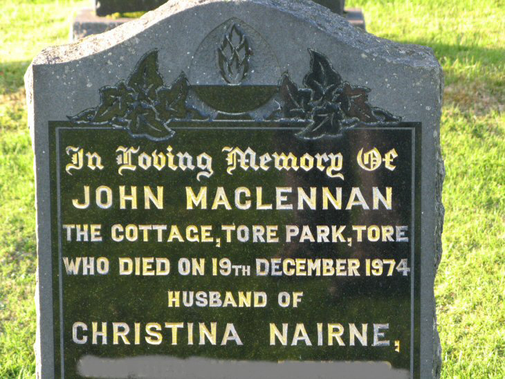Photo of headstones/John MacLennan died 1974 MI Tore Burial Ground, Killearnan